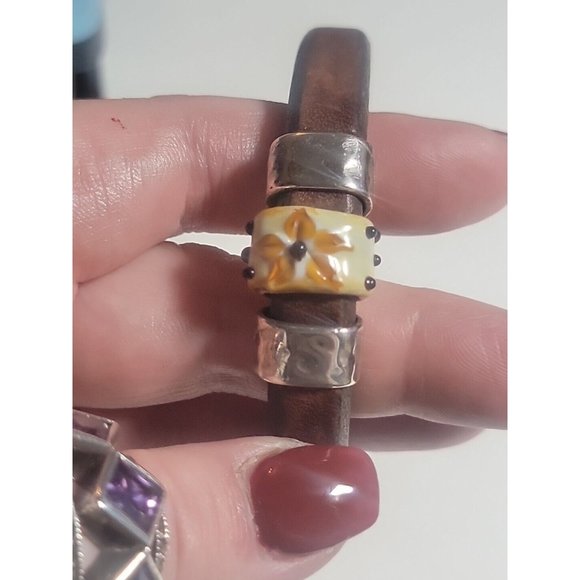 Sterling Silver Lampwork Glass Brown Eyed Susan 925 Leather Hippie Bracelet Gift - Picture 3 of 8